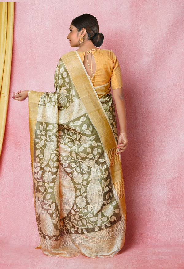 Olive Green-Cream Pure  Designer Printed Bengal Tussar Silk Saree-UNM74661