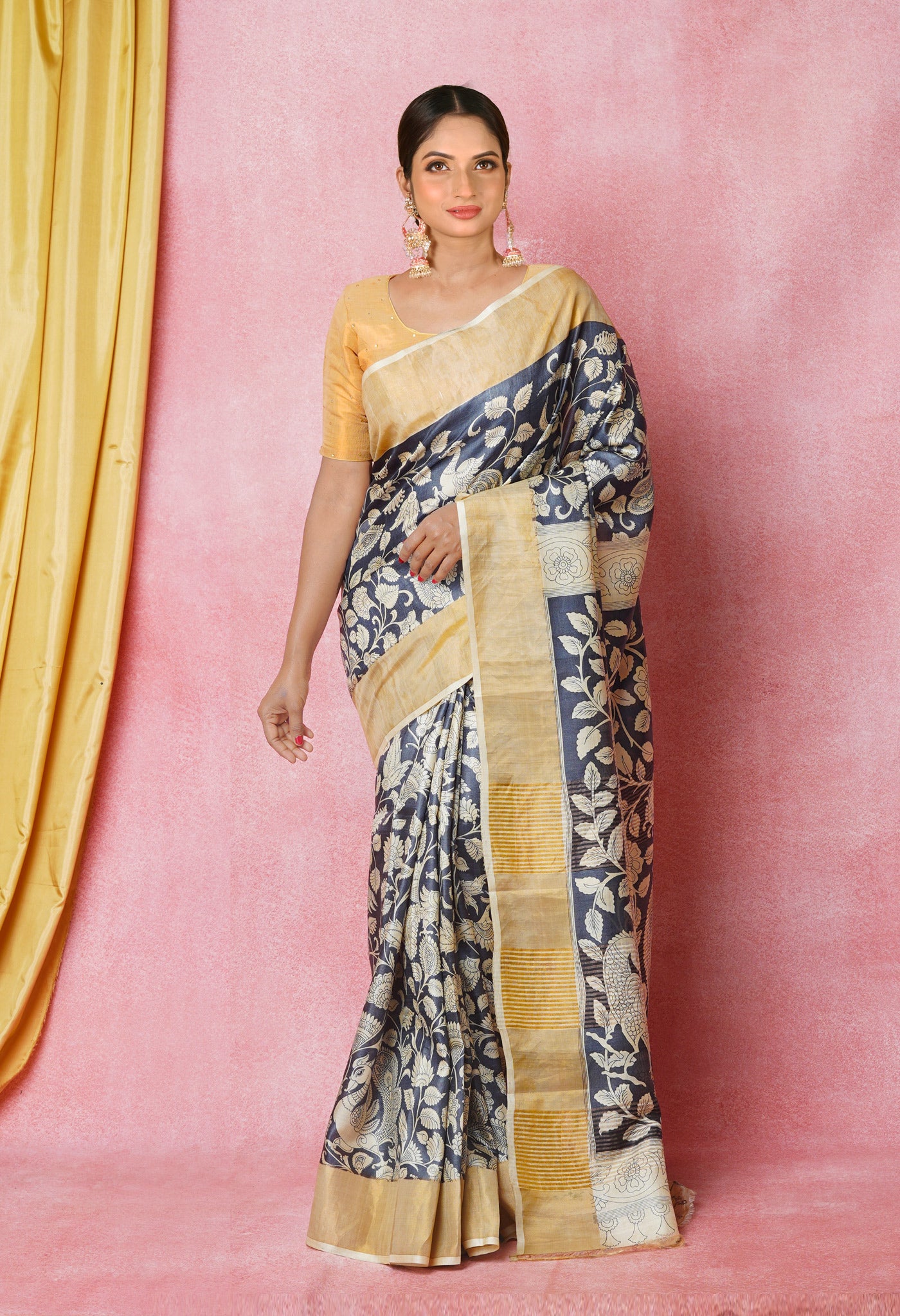 Bluish Grey-Cream Pure  Designer Printed Bengal Tussar Silk Saree-UNM74662