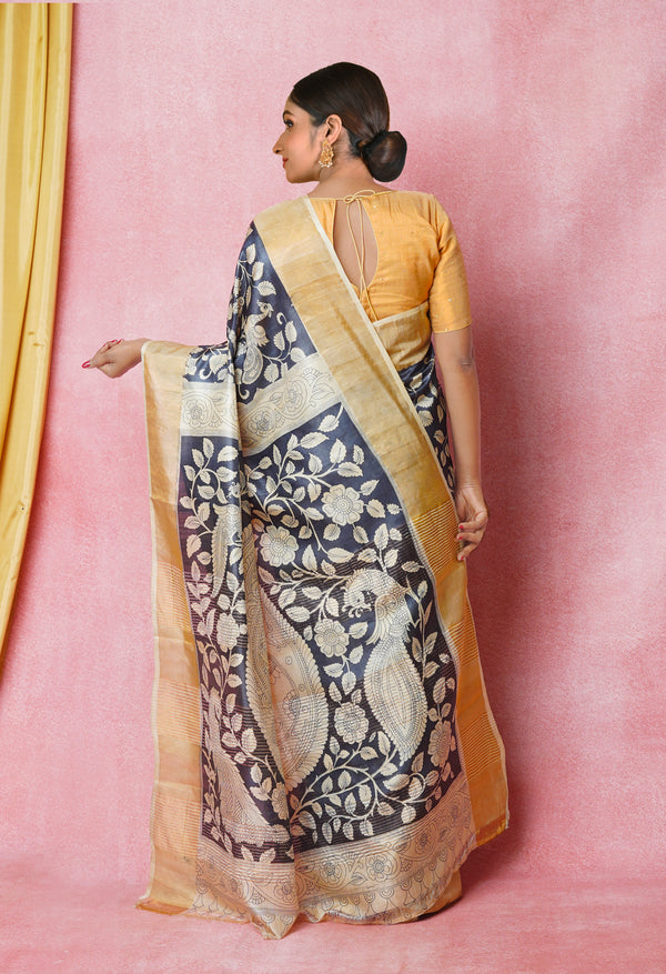 Bluish Grey-Cream Pure  Designer Printed Bengal Tussar Silk Saree-UNM74662