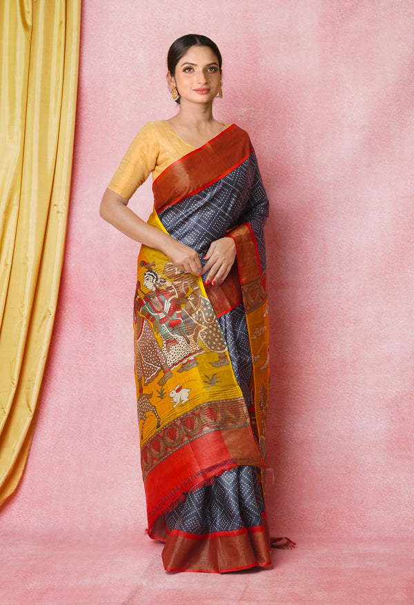 Black-Peach Red Pure  Designer Printed Bengal Tussar Silk Saree-UNM74663