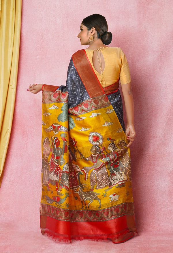 Black-Peach Red Pure  Designer Printed Bengal Tussar Silk Saree-UNM74663