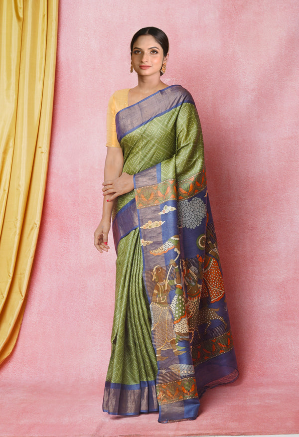 Green-Navy Blue Pure  Designer Printed Bengal Tussar Silk Saree-UNM74664
