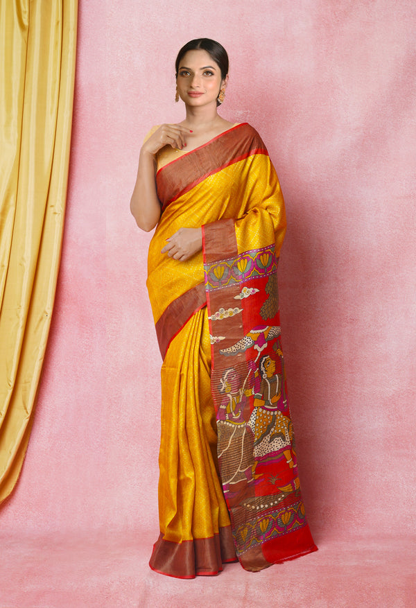 Mustard Yellow-Peach Red Pure  Designer Printed Bengal Tussar Silk Saree-UNM74665