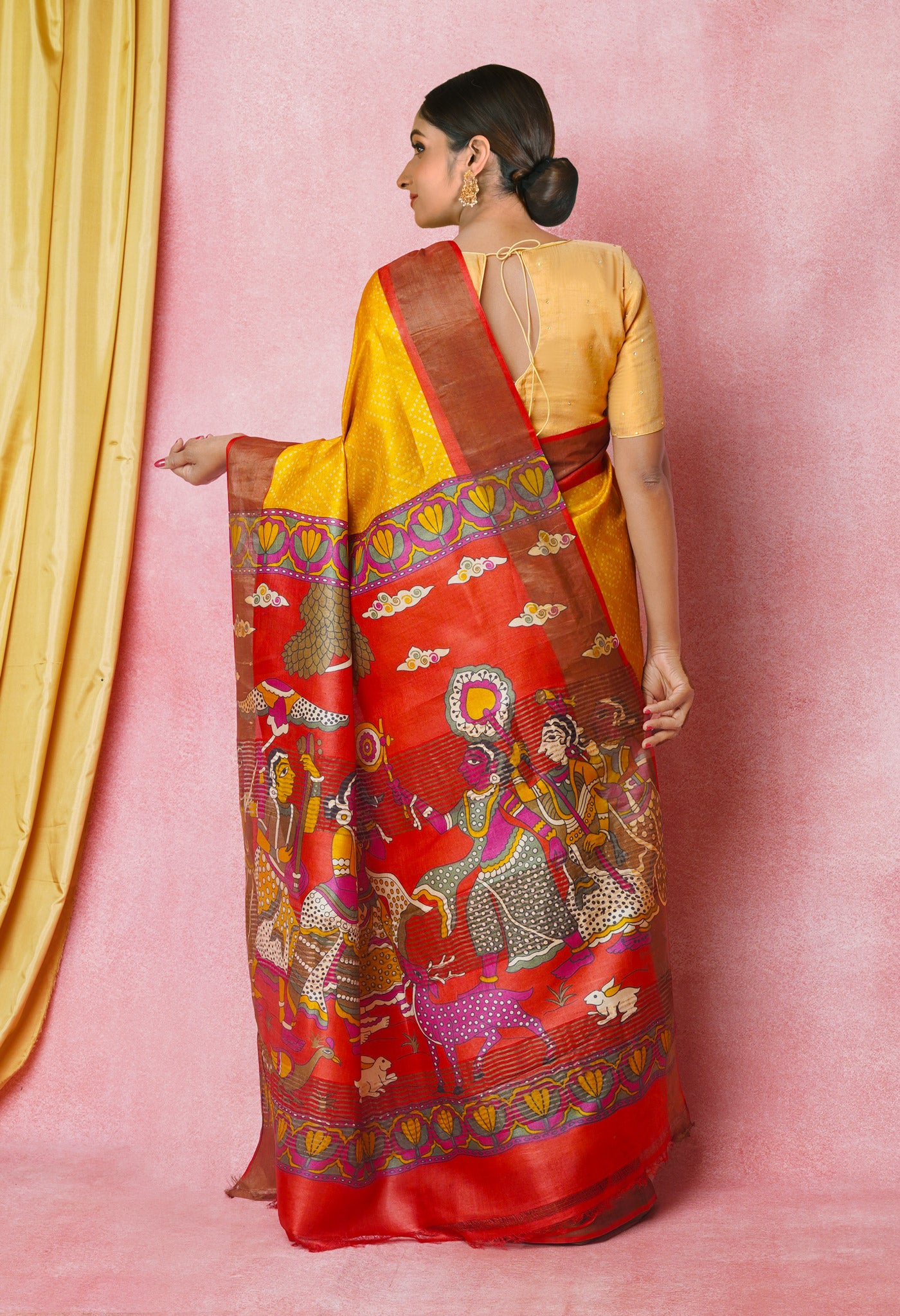Mustard Yellow-Peach Red Pure  Designer Printed Bengal Tussar Silk Saree-UNM74665