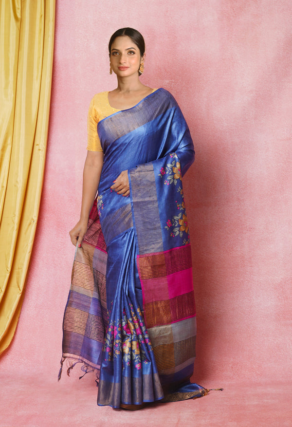 Dark Blue Pure  Designer Printed Bengal Tussar Silk Saree-UNM74667
