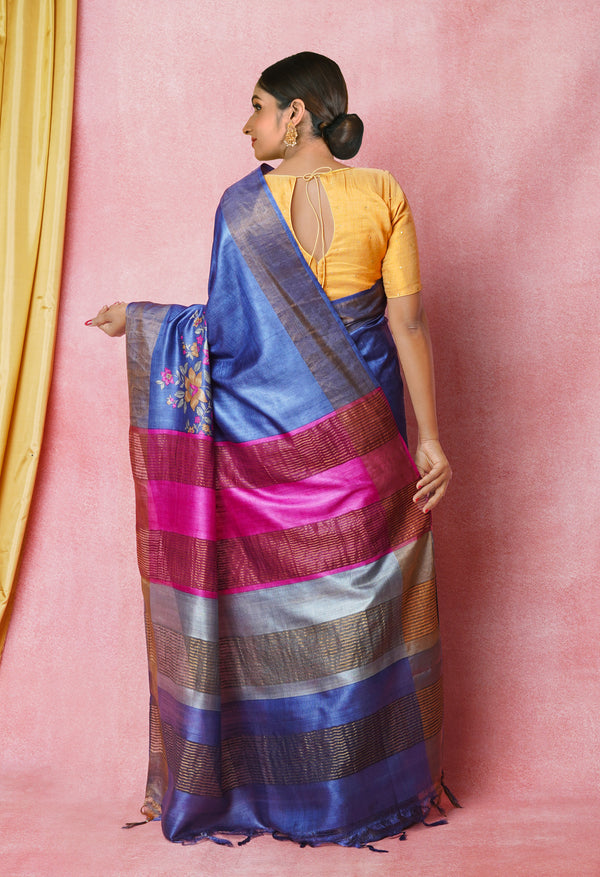 Dark Blue Pure  Designer Printed Bengal Tussar Silk Saree-UNM74667