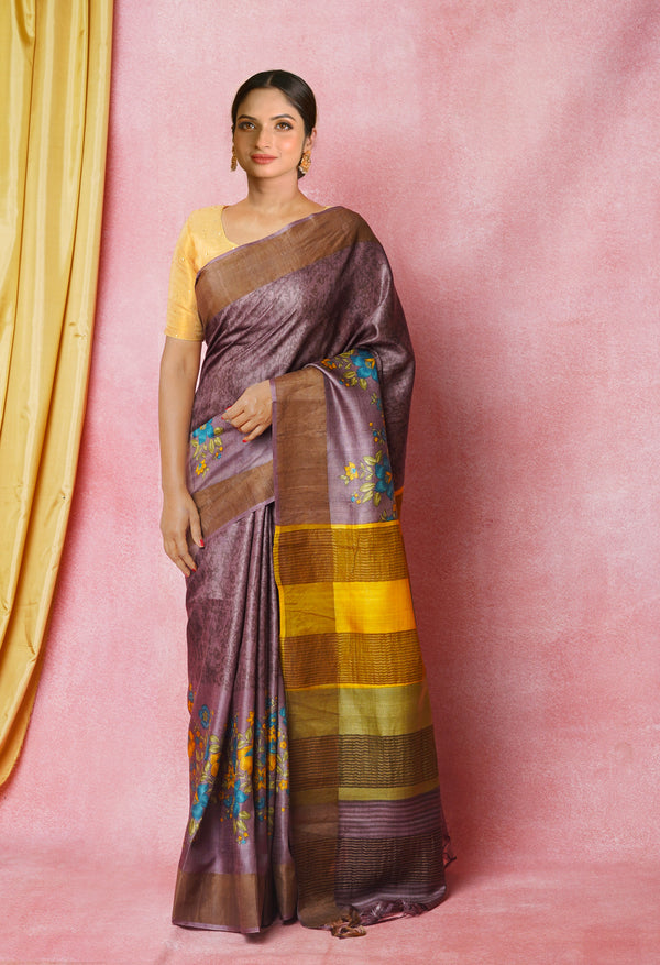 Graphite Grey Pure  Designer Printed Bengal Tussar Silk Saree-UNM74668