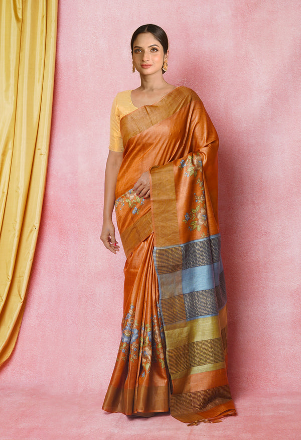 Bronze Orange Pure  Designer Printed Bengal Tussar Silk Saree-UNM74669