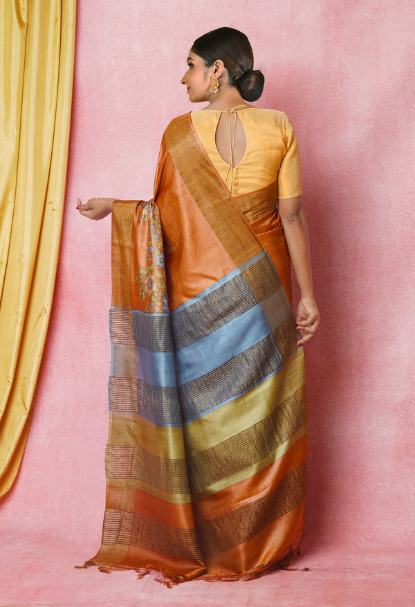Bronze Orange Pure  Designer Printed Bengal Tussar Silk Saree-UNM74669