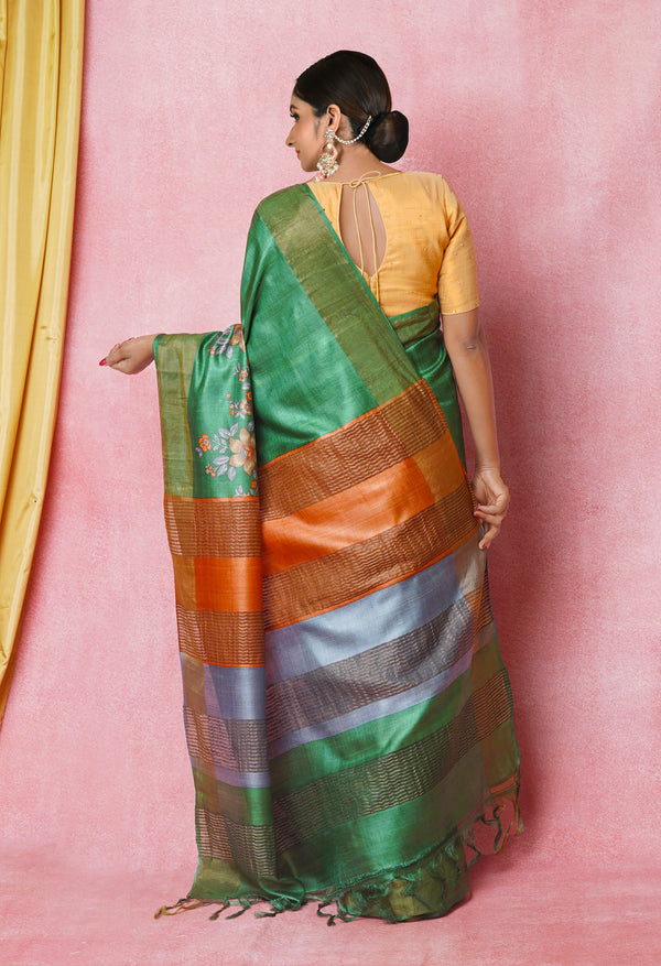 Green Pure  Designer Printed Bengal Tussar Silk Saree-UNM74670