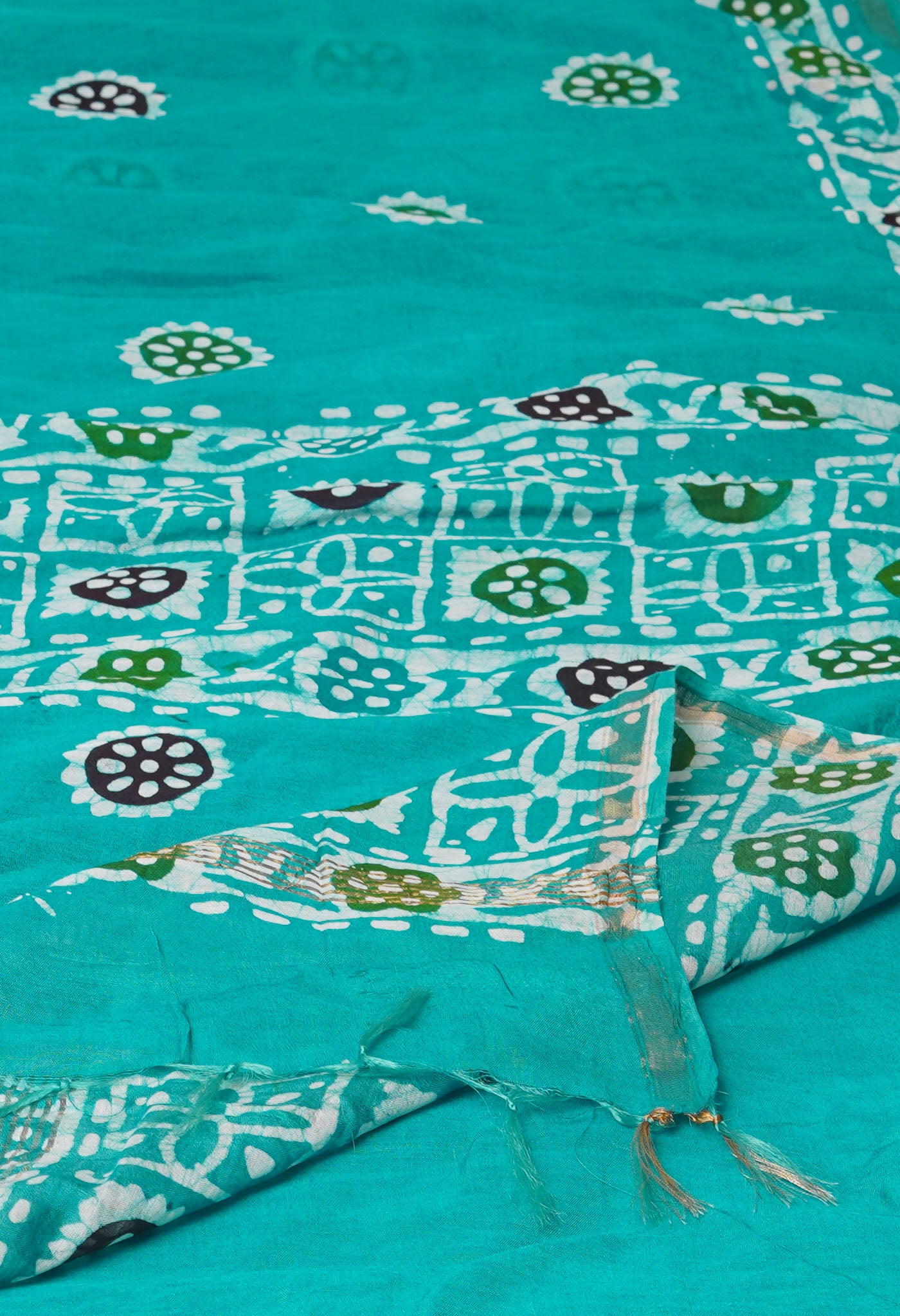Green Hand Block Wax Batik Printed Mercerized Chanderi Sico Saree