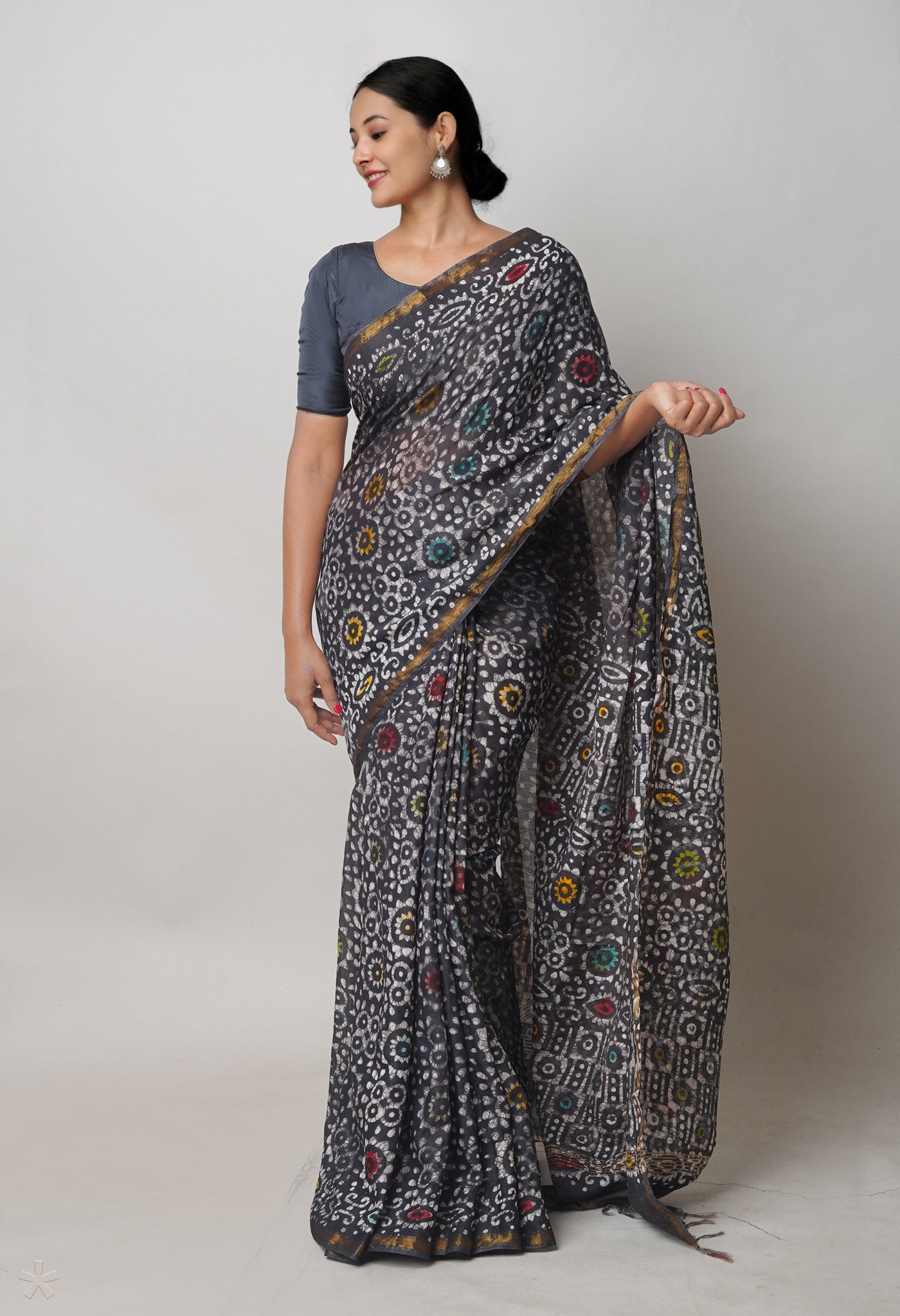 Black Hand Block Printed Chanderi Sico Saree