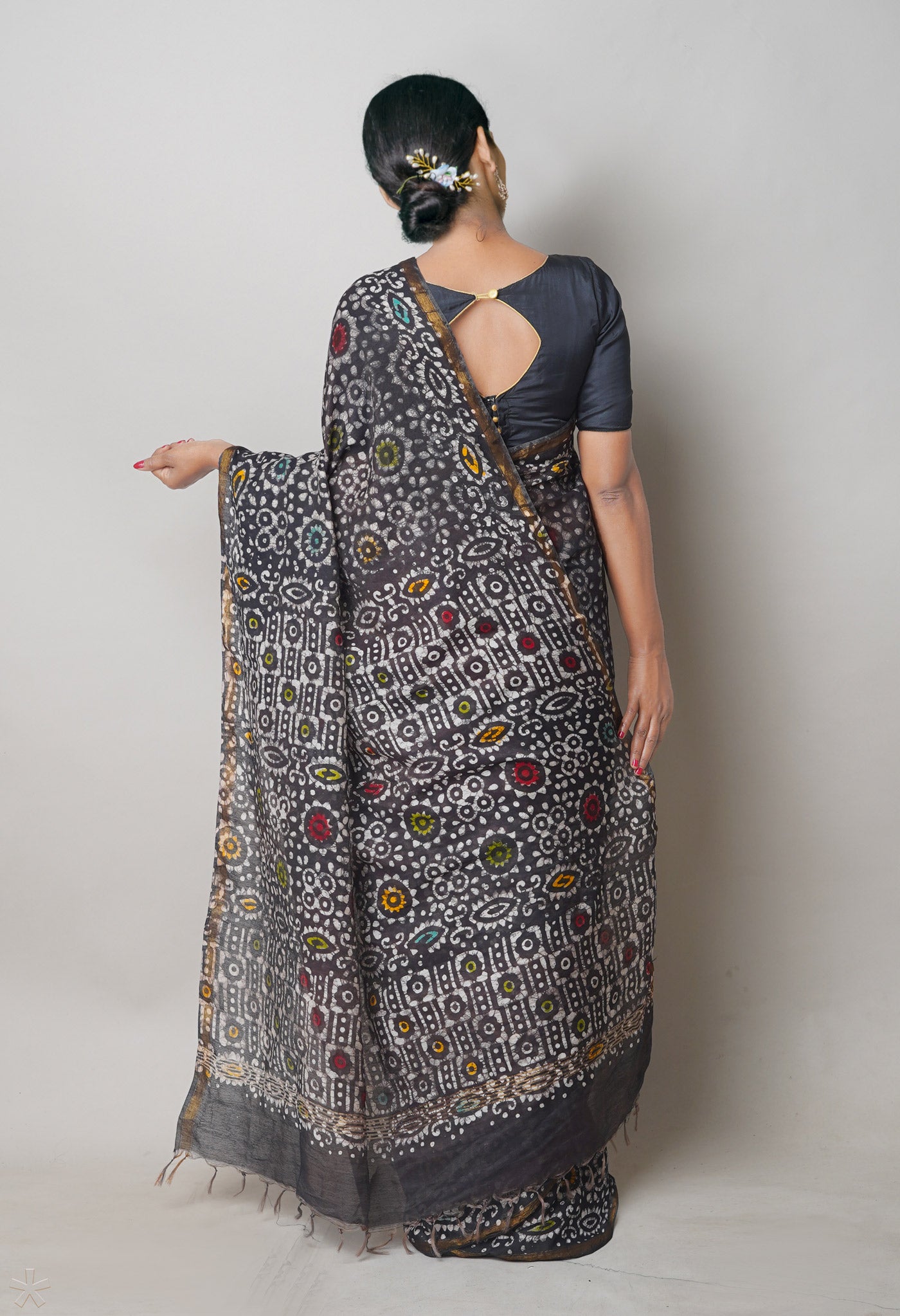 Black Hand Block Printed Chanderi Sico Saree
