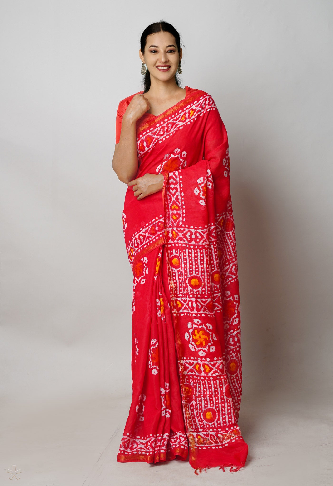 Red Batik Printed Chanderi Sico Saree