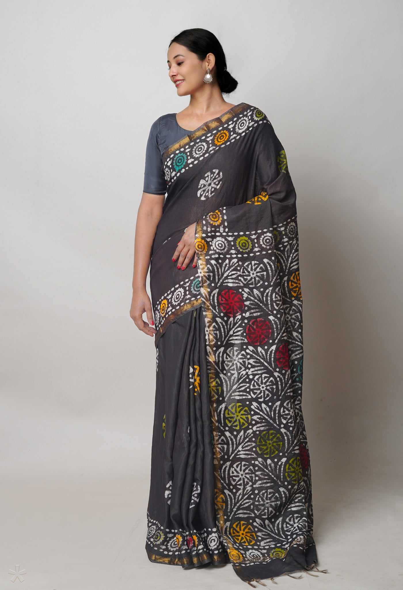 Black Hand Block Printed Chanderi Sico Saree