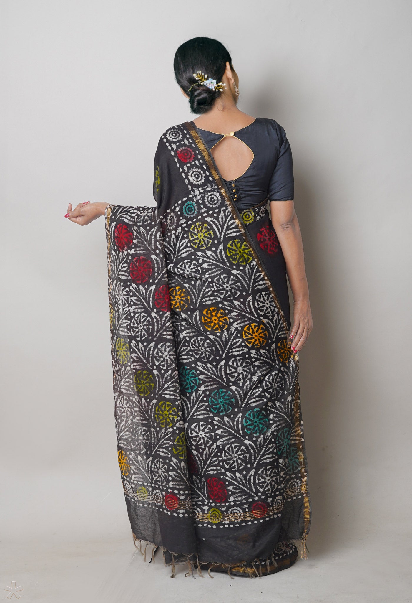 Black Hand Block Printed Chanderi Sico Saree