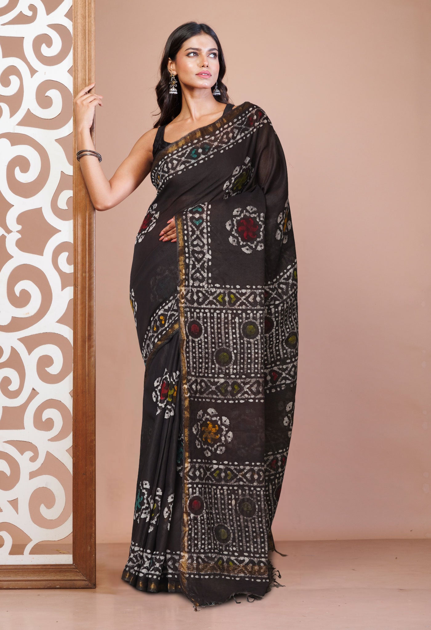 Black Hand Block Printed Chanderi Sico Saree-UNM74696