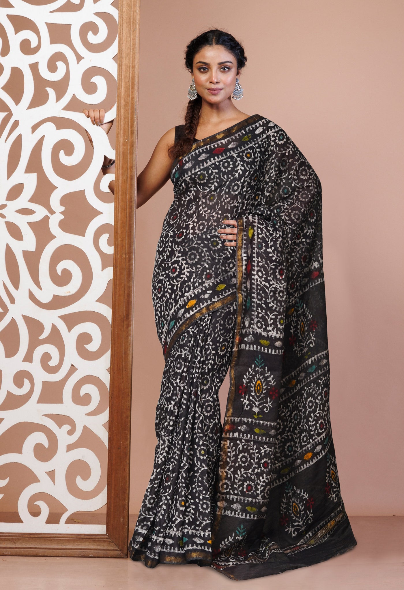 Black Hand Block Printed Chanderi Sico Saree-UNM74713