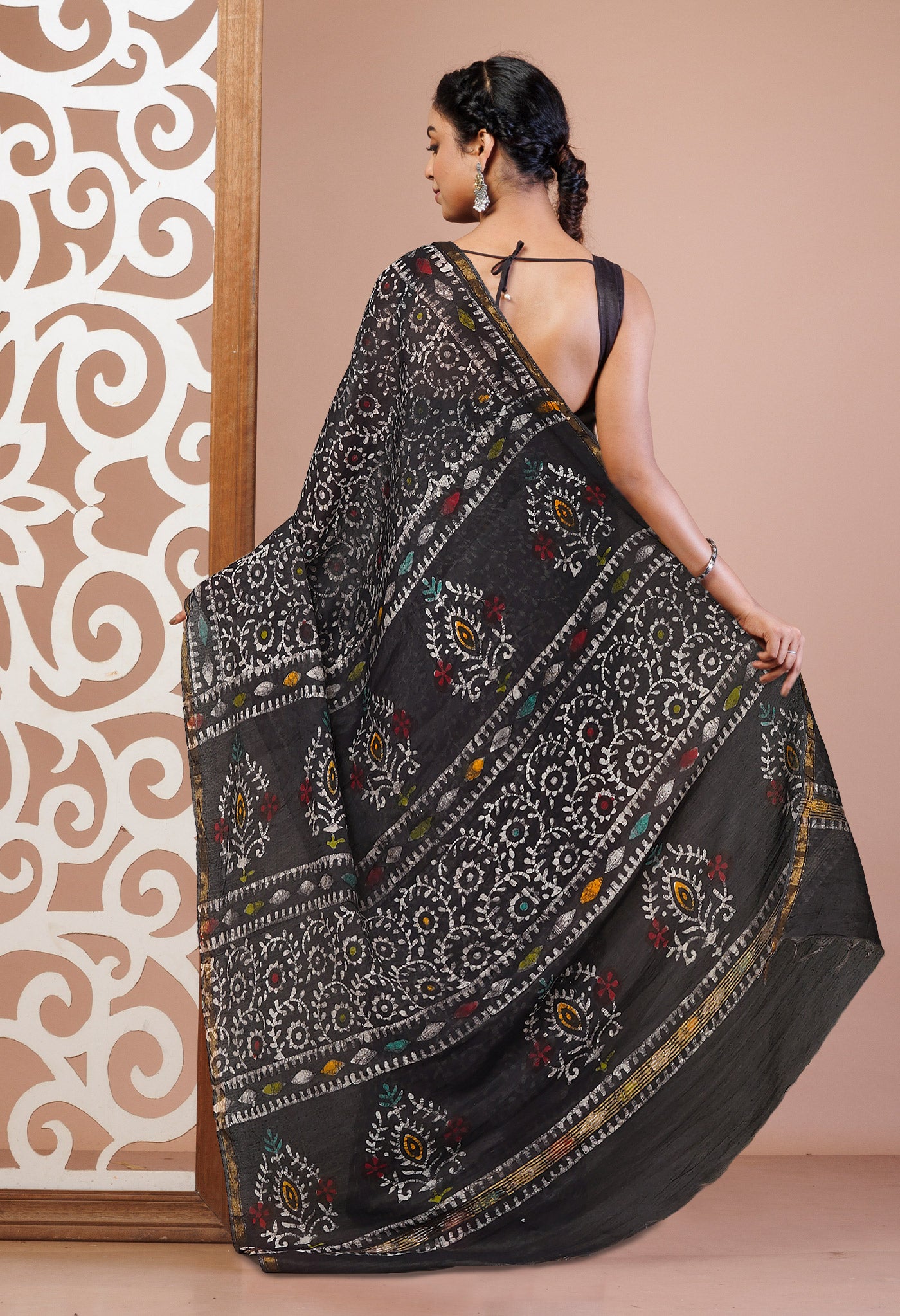 Black Hand Block Printed Chanderi Sico Saree-UNM74713
