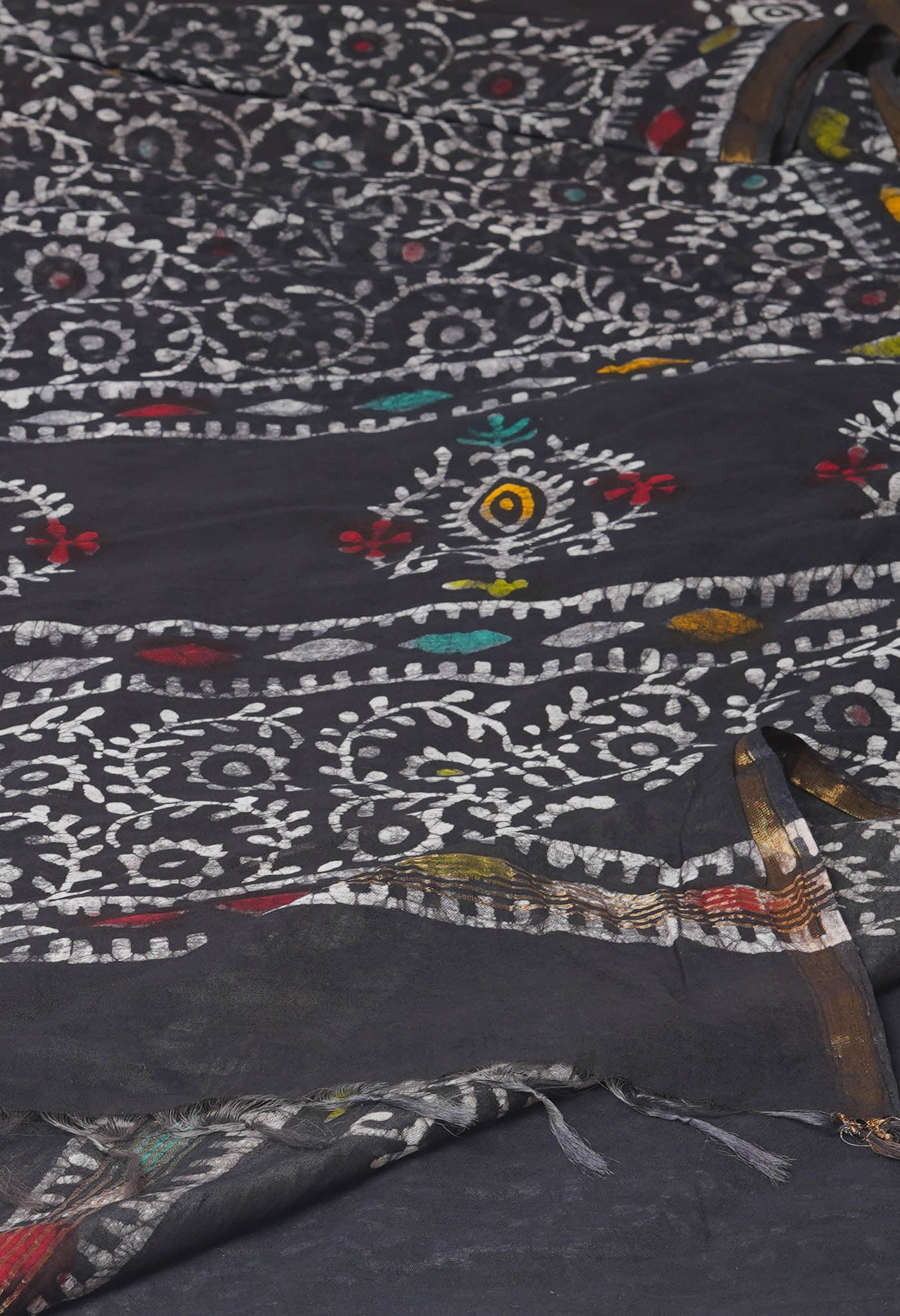 Black Hand Block Printed Chanderi Sico Saree-UNM74713