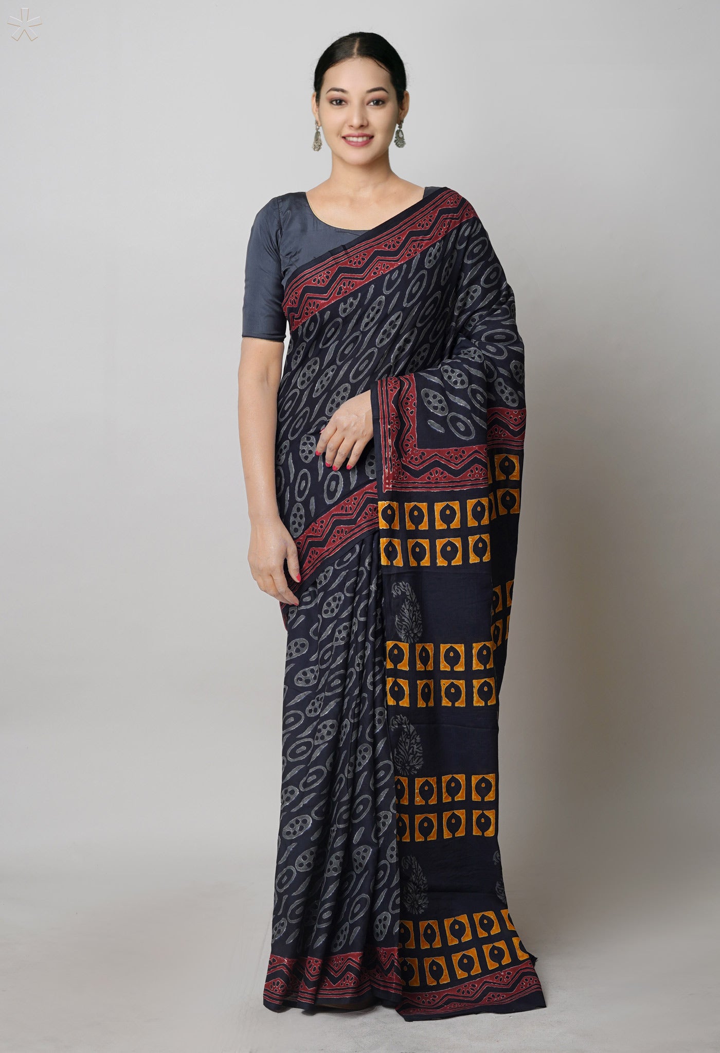 Black Pure Hand Block Printed Soft Cotton Saree