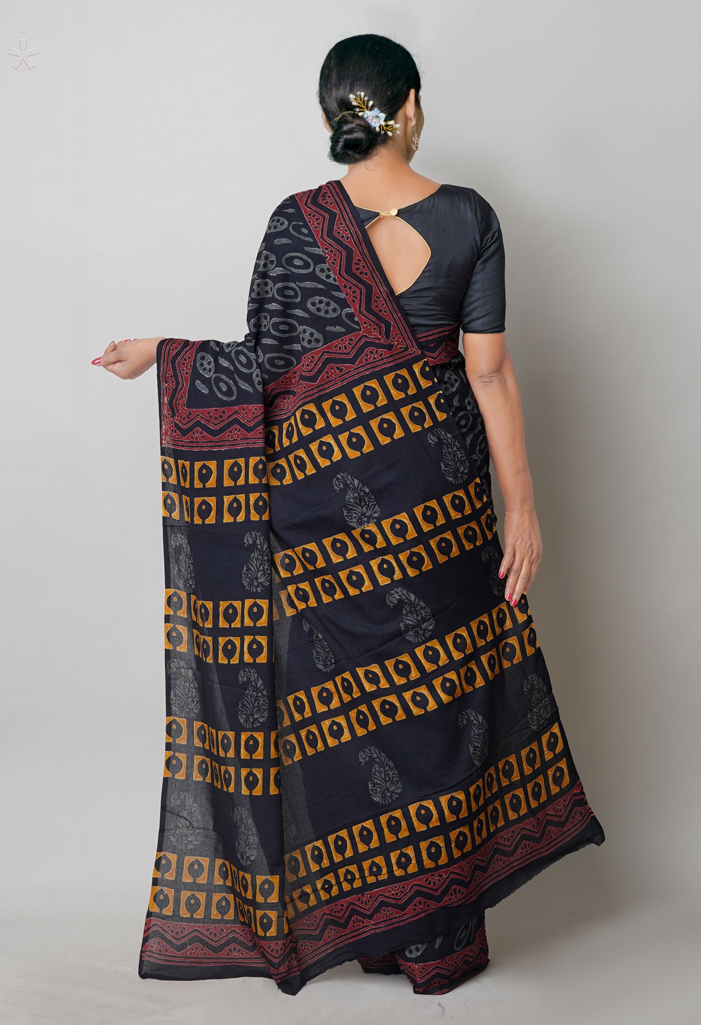 Black Pure Hand Block Printed Soft Cotton Saree