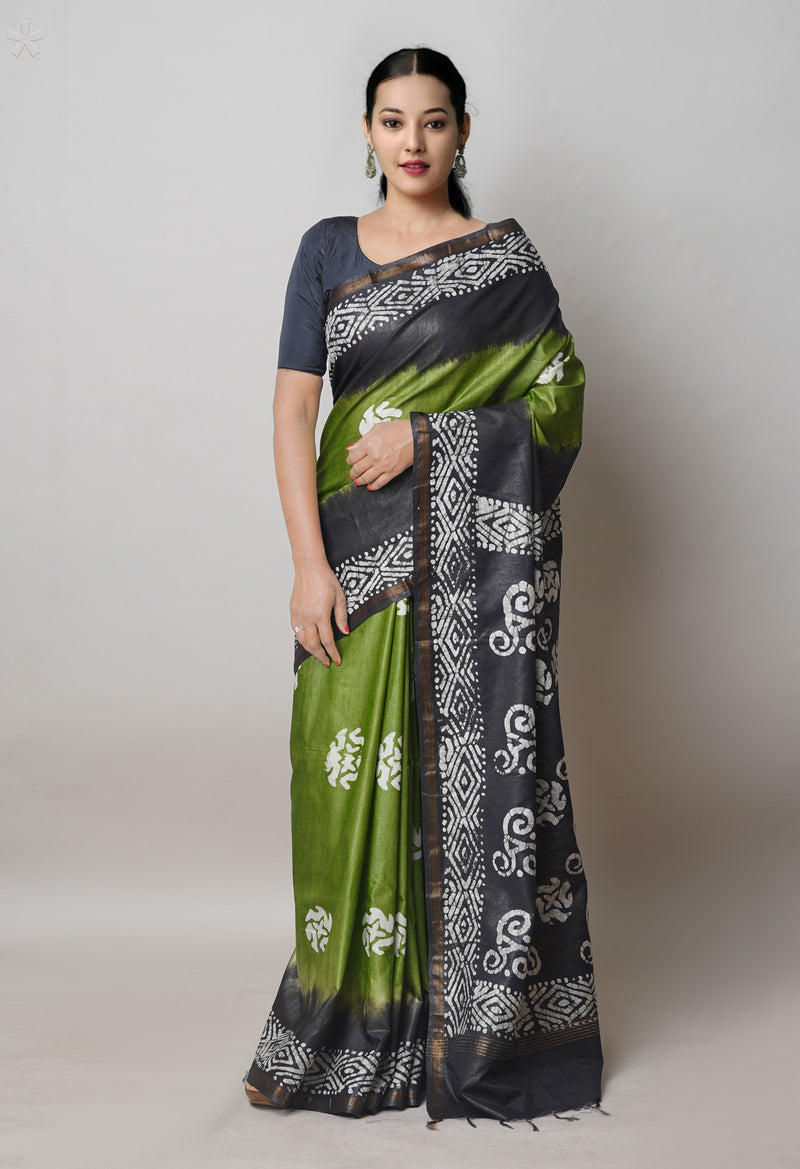 Olive Green-Black Pure  Batik Printed Chanderi Sico Saree-UNM74743