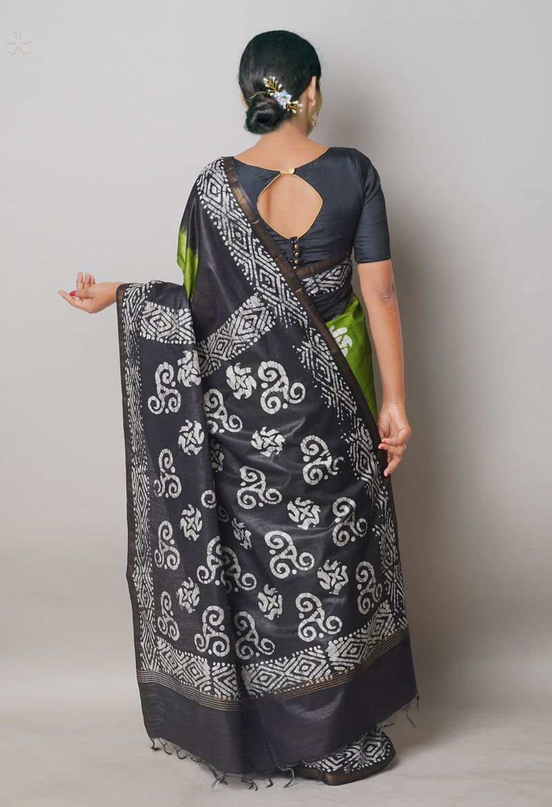 Olive Green-Black Pure  Batik Printed Chanderi Sico Saree-UNM74743