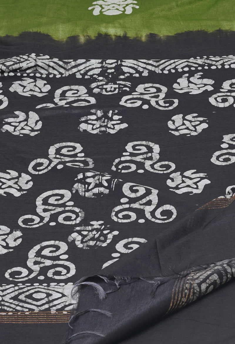 Olive Green-Black Pure  Batik Printed Chanderi Sico Saree-UNM74743