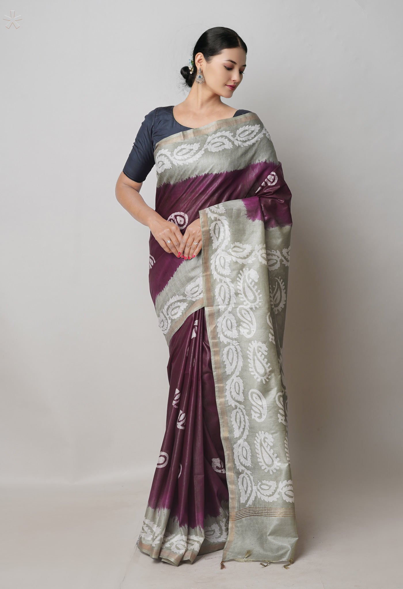 Purple-Grey Pure Batik Printed Chanderi Sico Saree