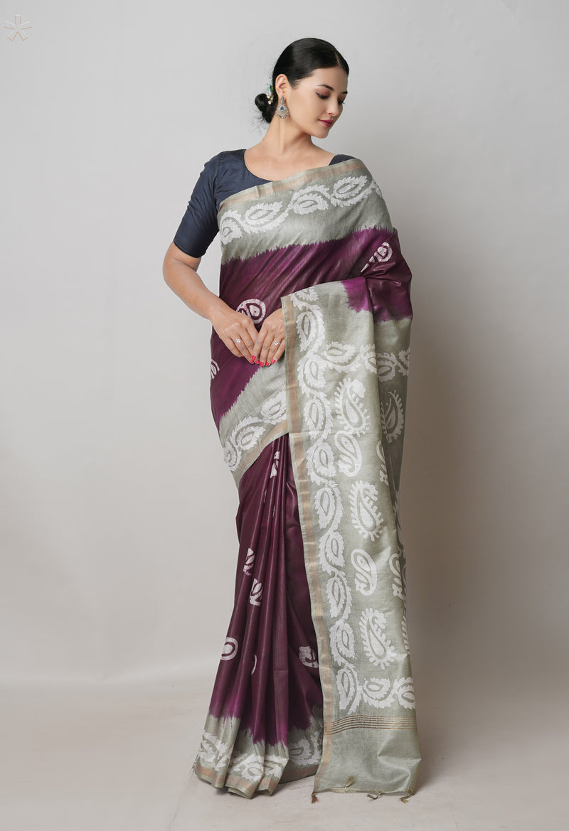 Dark Purple-Grey Pure  Batik Printed Chanderi Sico Saree-UNM74744