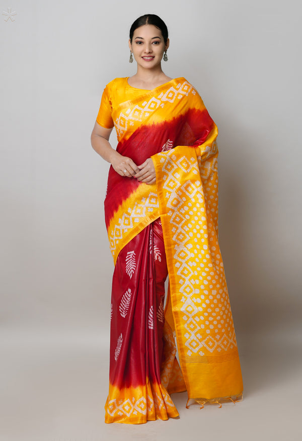 Red-Yellow Pure  Batik Printed Chanderi Sico Saree-UNM74747