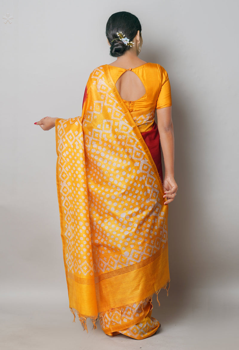 Red-Yellow Pure  Batik Printed Chanderi Sico Saree-UNM74747