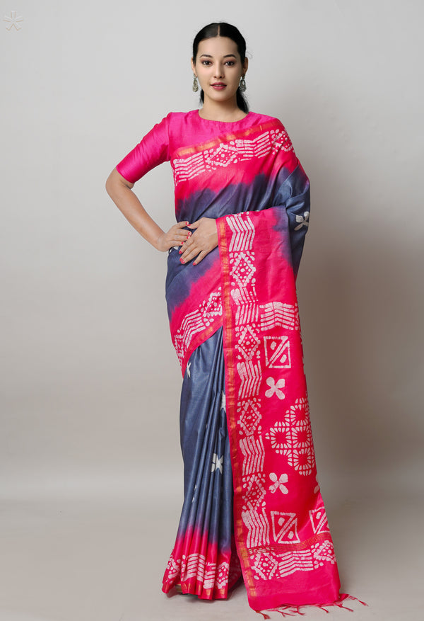 Bluish Grey-Pink Pure  Batik Printed Chanderi Sico Saree-UNM74748
