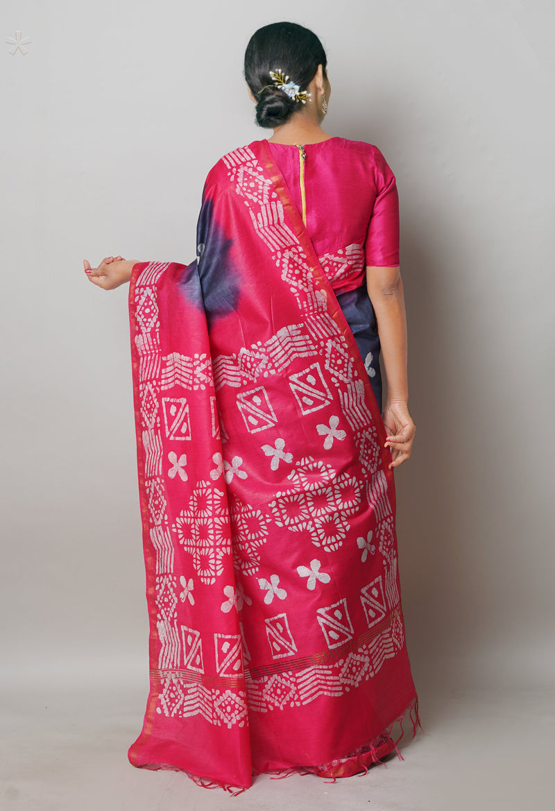 Bluish Grey-Pink Pure  Batik Printed Chanderi Sico Saree-UNM74748