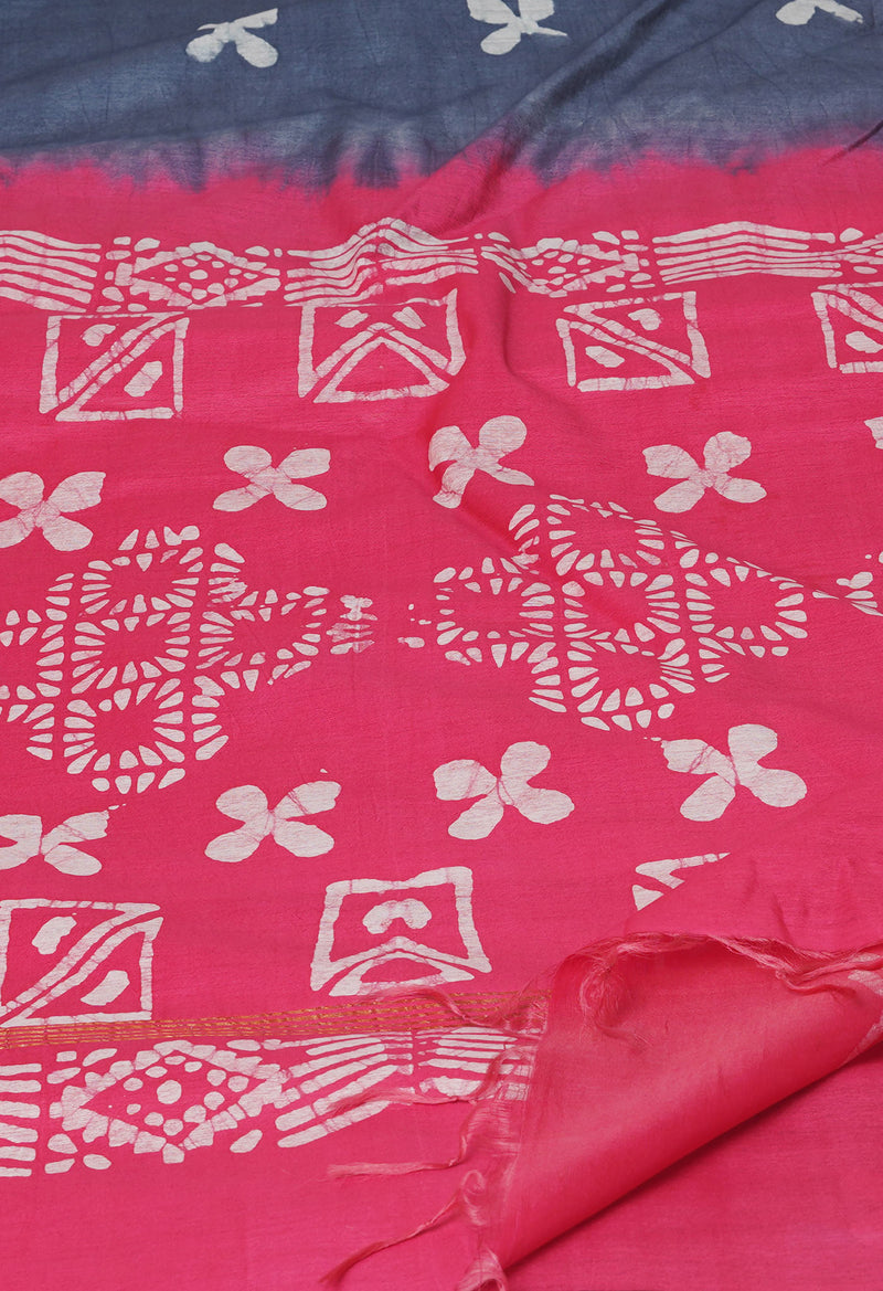 Bluish Grey-Pink Pure  Batik Printed Chanderi Sico Saree-UNM74748