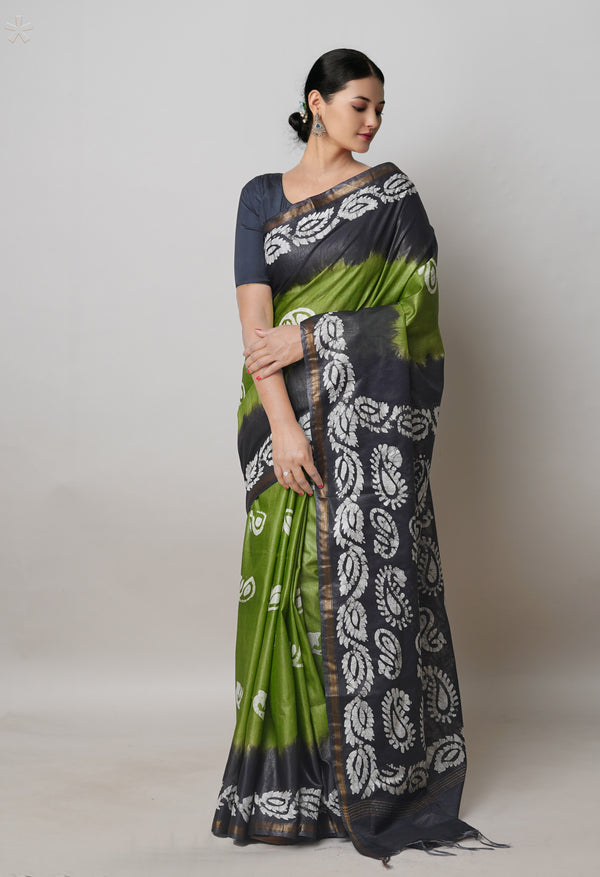 Olive Green-Black Pure  Batik Printed Chanderi Sico Saree-UNM74749