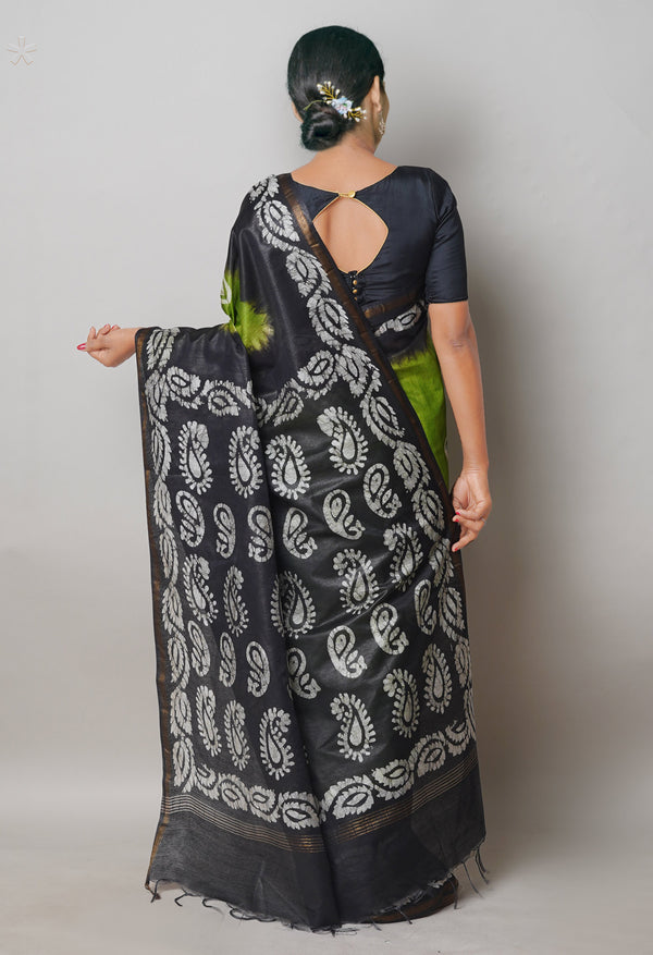Olive Green-Black Pure  Batik Printed Chanderi Sico Saree-UNM74749