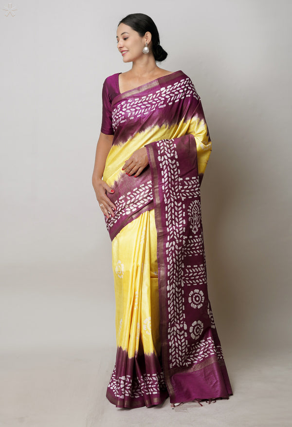 Pale Yellow-Dark Purple Pure  Batik Printed Chanderi Sico Saree-UNM74750