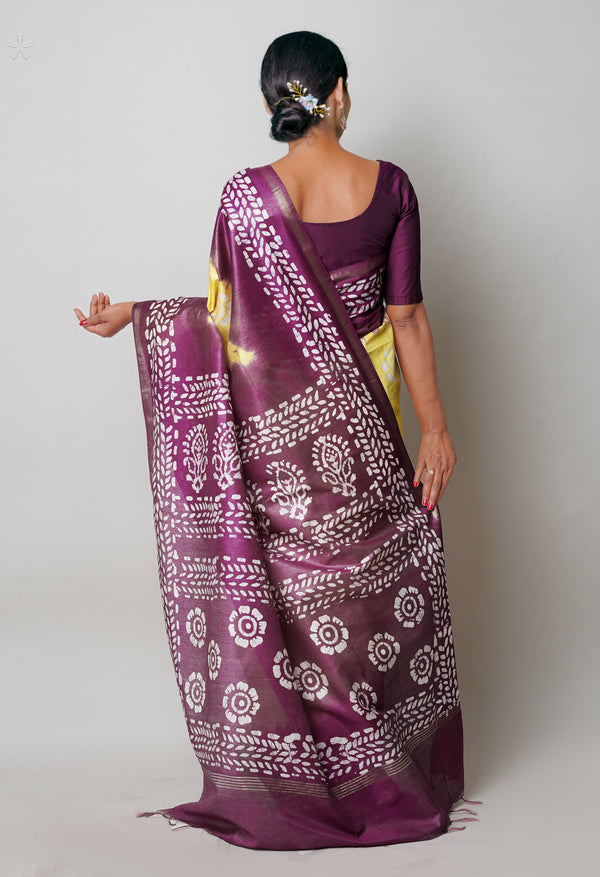 Pale Yellow-Dark Purple Pure  Batik Printed Chanderi Sico Saree-UNM74750