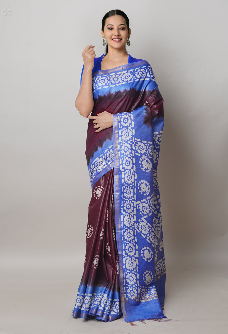 Dark Purple-Blue Pure  Batik Printed Chanderi Sico Saree-UNM74751