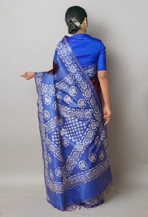Dark Purple-Blue Pure  Batik Printed Chanderi Sico Saree-UNM74751