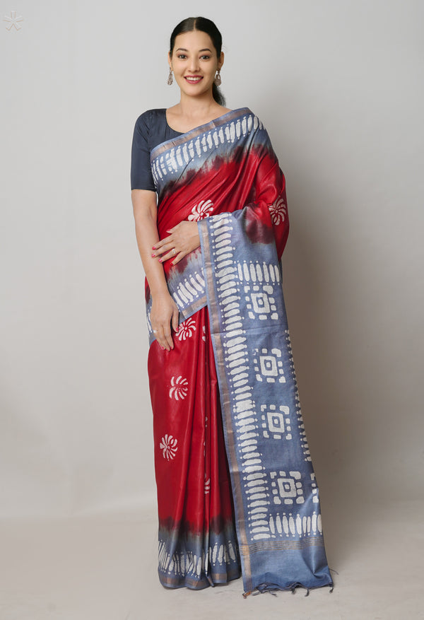 Red-Bluish Grey Pure  Batik Printed Chanderi Sico Saree-UNM74752