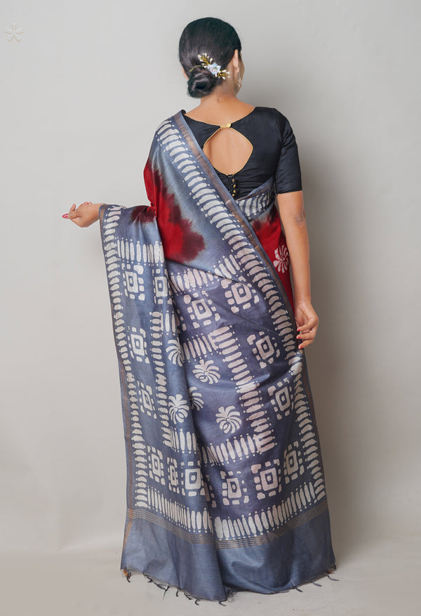 Red-Bluish Grey Pure  Batik Printed Chanderi Sico Saree-UNM74752