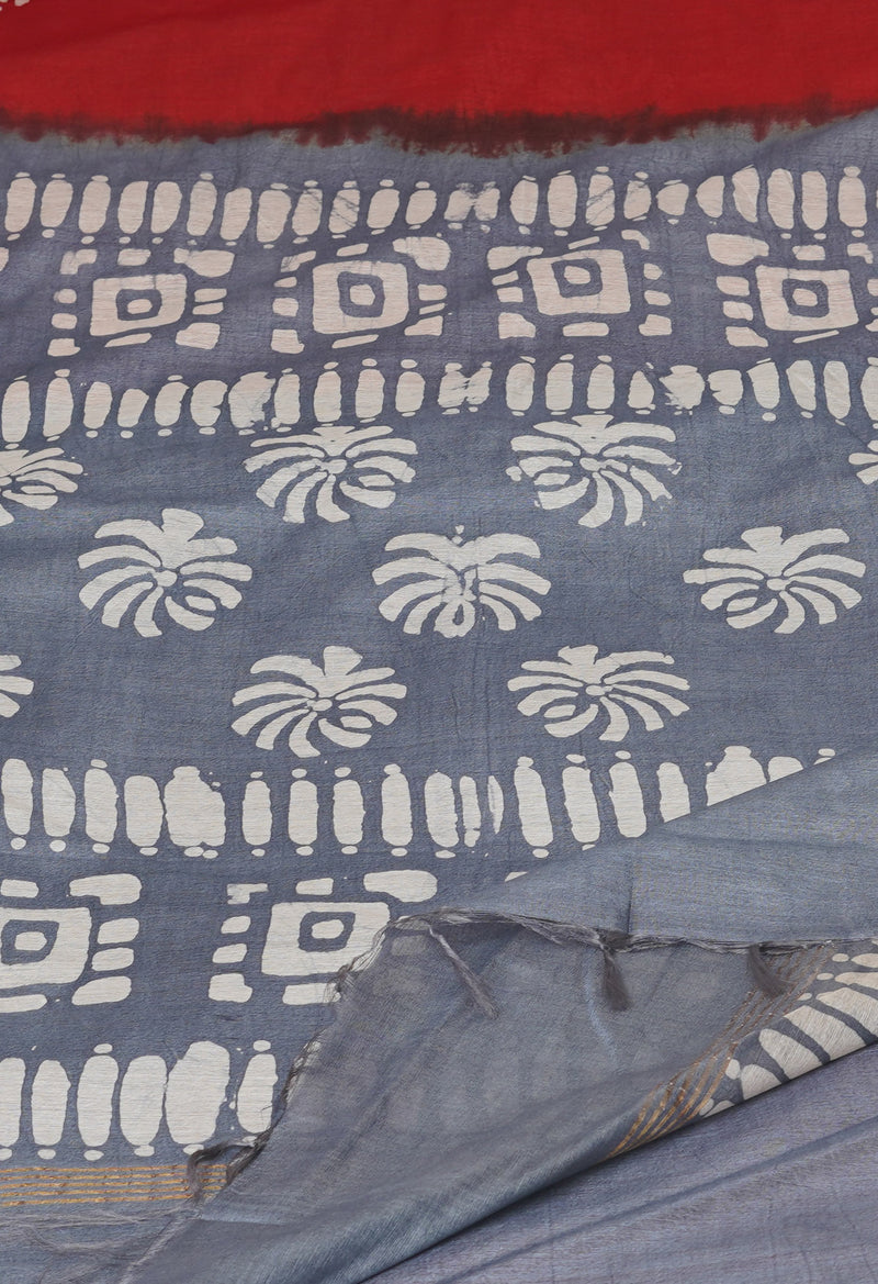 Red-Bluish Grey Pure  Batik Printed Chanderi Sico Saree-UNM74752