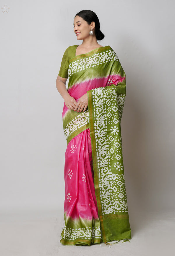 Pink-Olive Green Pure  Batik Printed Chanderi Sico Saree-UNM74753