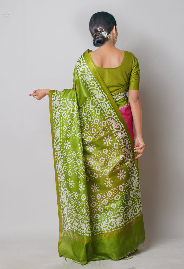Pink-Olive Green Pure  Batik Printed Chanderi Sico Saree-UNM74753