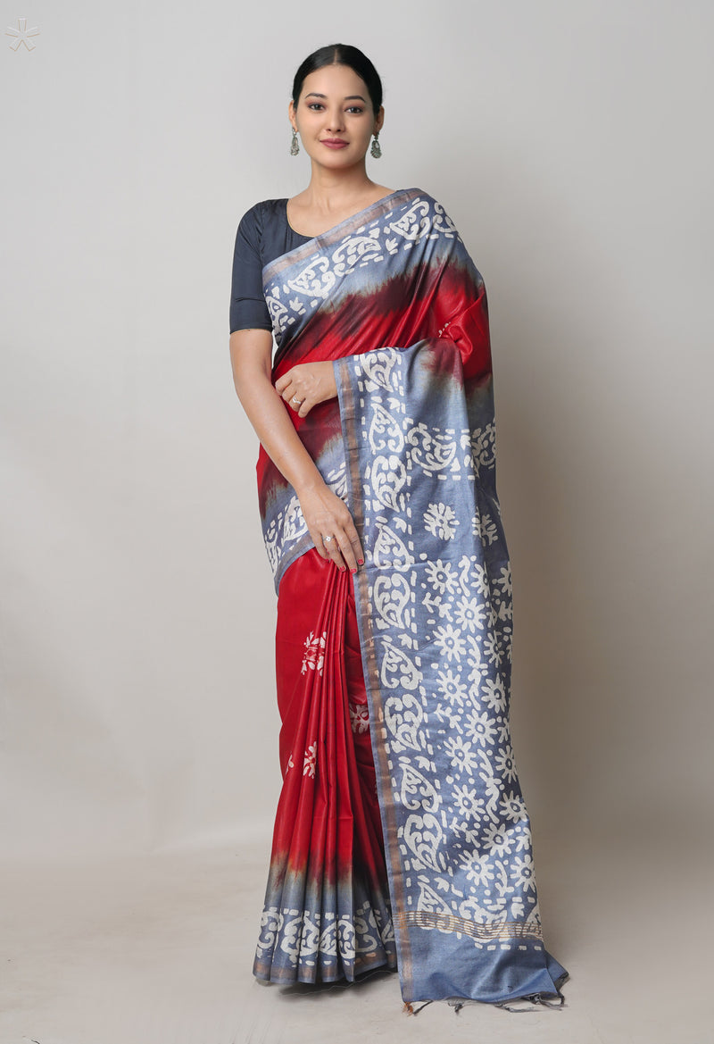 Red-Bluish Grey Pure  Batik Printed Chanderi Sico Saree-UNM74754