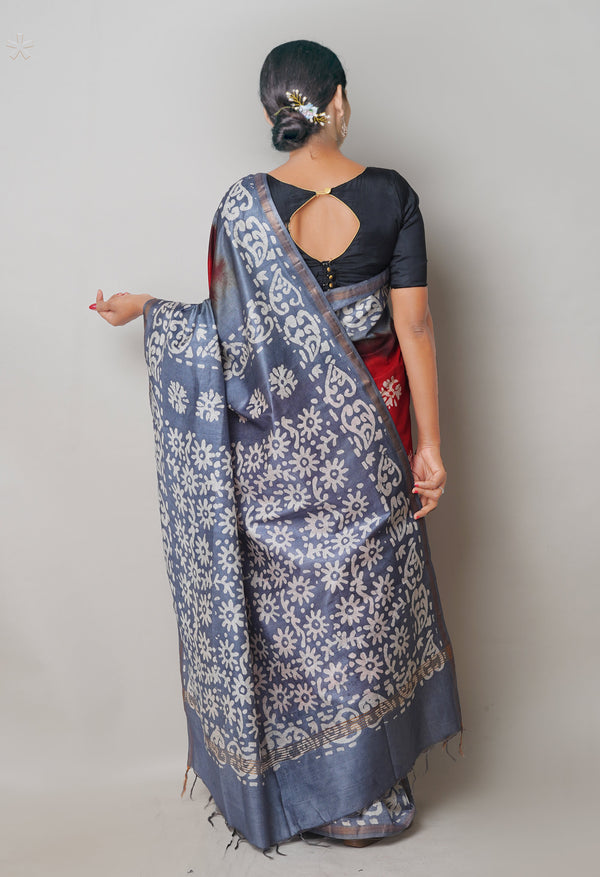 Red-Bluish Grey Pure  Batik Printed Chanderi Sico Saree-UNM74754