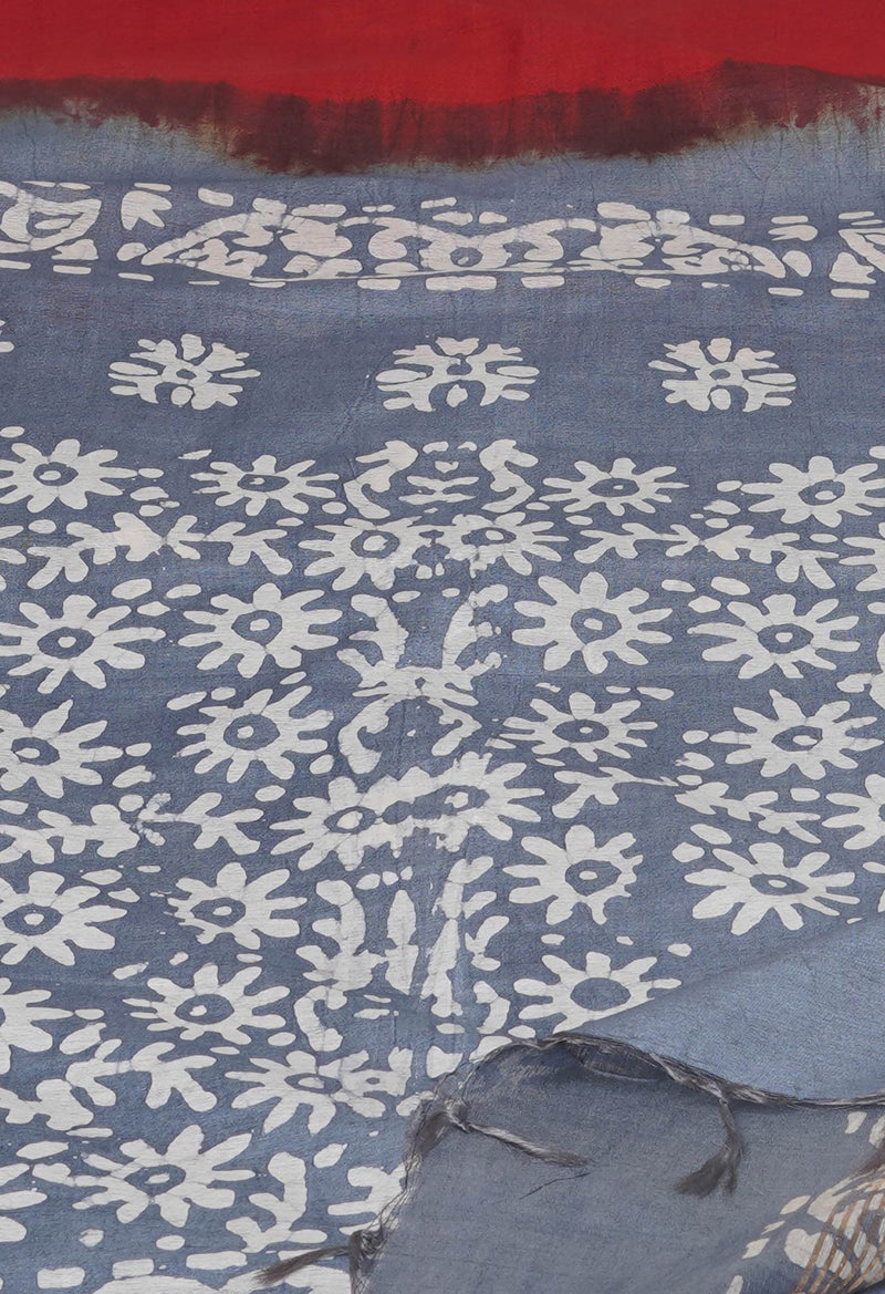 Red-Bluish Grey Pure  Batik Printed Chanderi Sico Saree-UNM74754